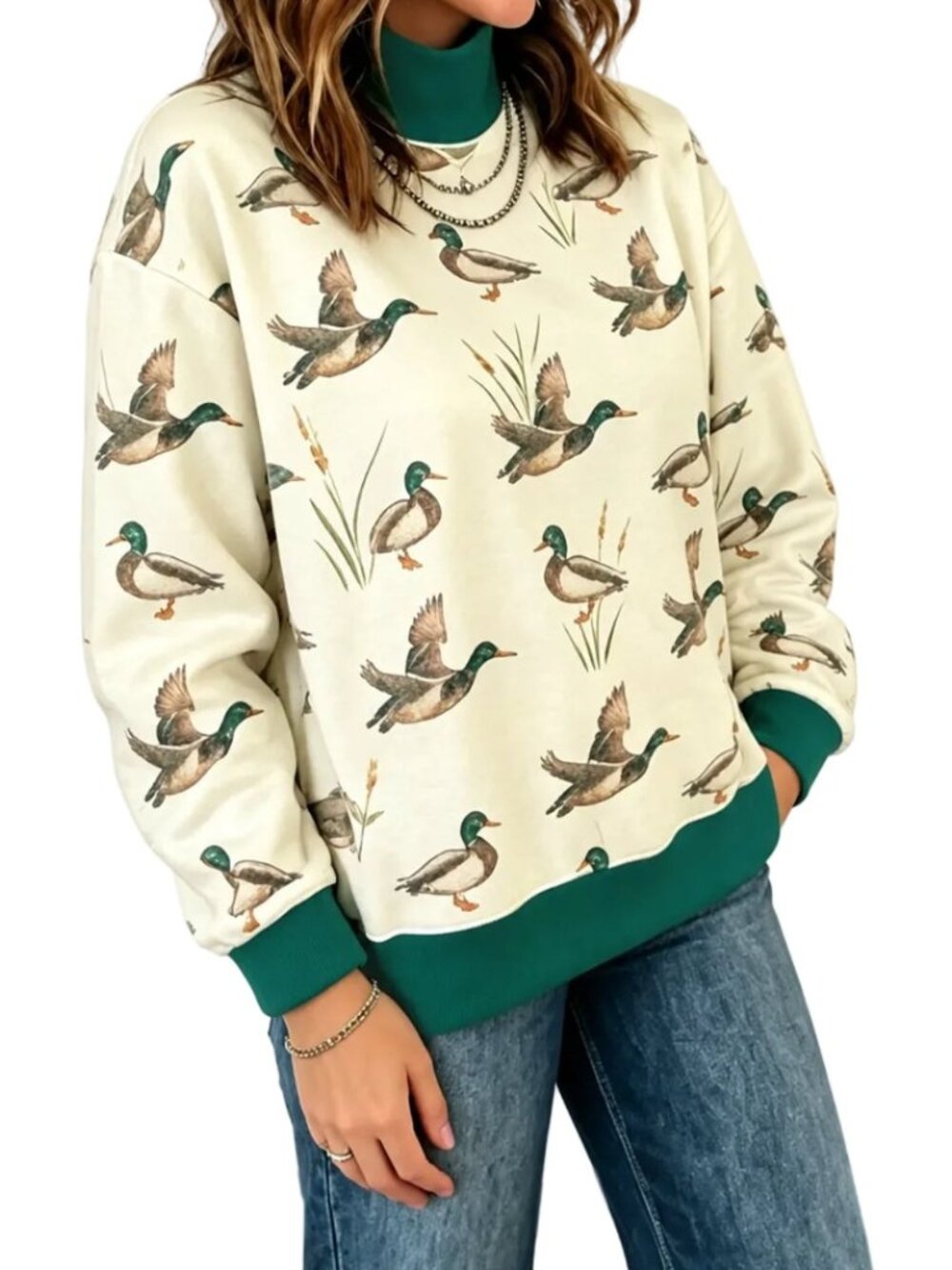 Mallard Duck Southern Contrasting Mock Neck County Western Pullover Sweatshirt - Picture 8 of 8